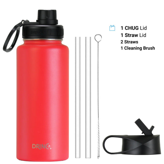 Red 32oz stainless steel water bottle with interchangeable sports lid, screw-on lid, two straws, and straw cleaning brush