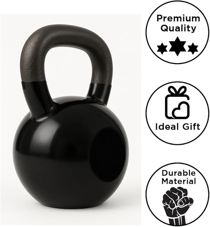 Icons showing kettlebell features – premium coating, leak-proof, soft base