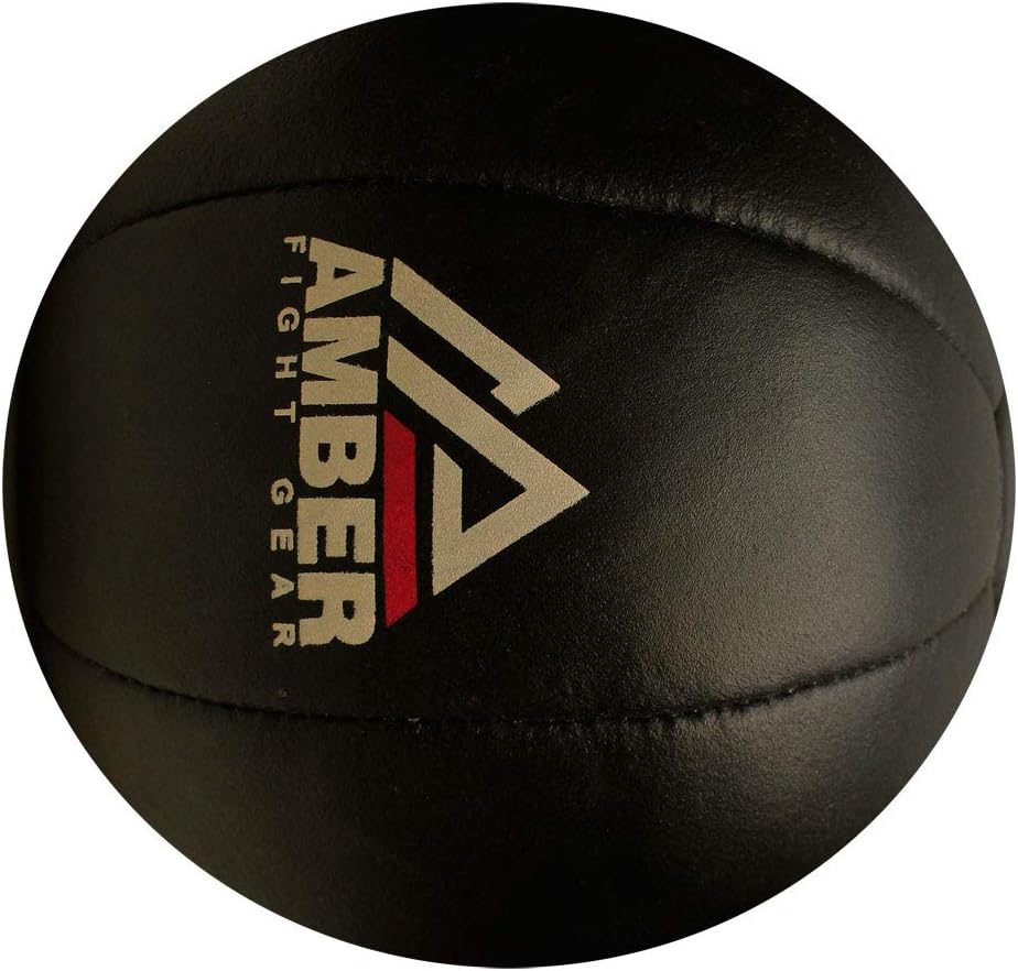Side view of leather medicine ball with Amber Fight Gear logo – soft and balanced for functional training