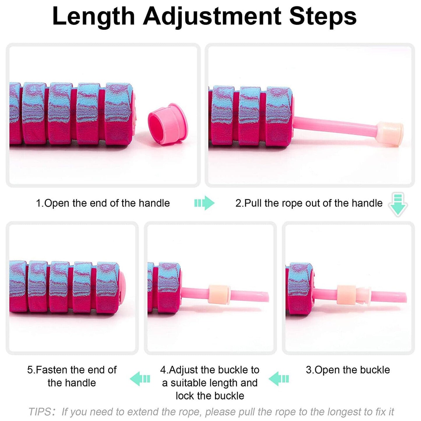 Step-by-step view showing how to adjust and secure the length of the jump rope