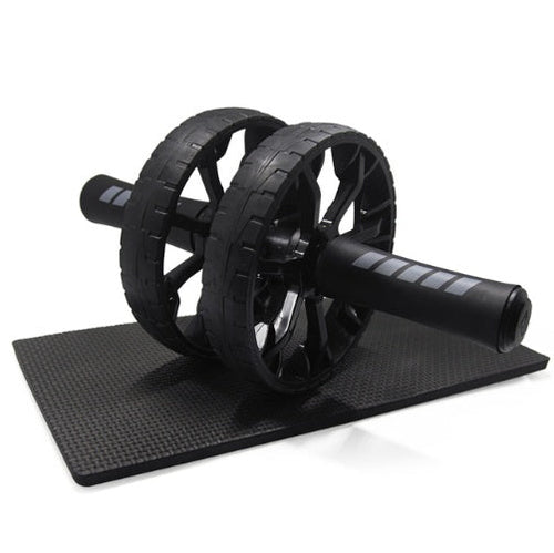 Double-wheel ab roller with black foam handles and knee mat for core strengthening exercises at home.