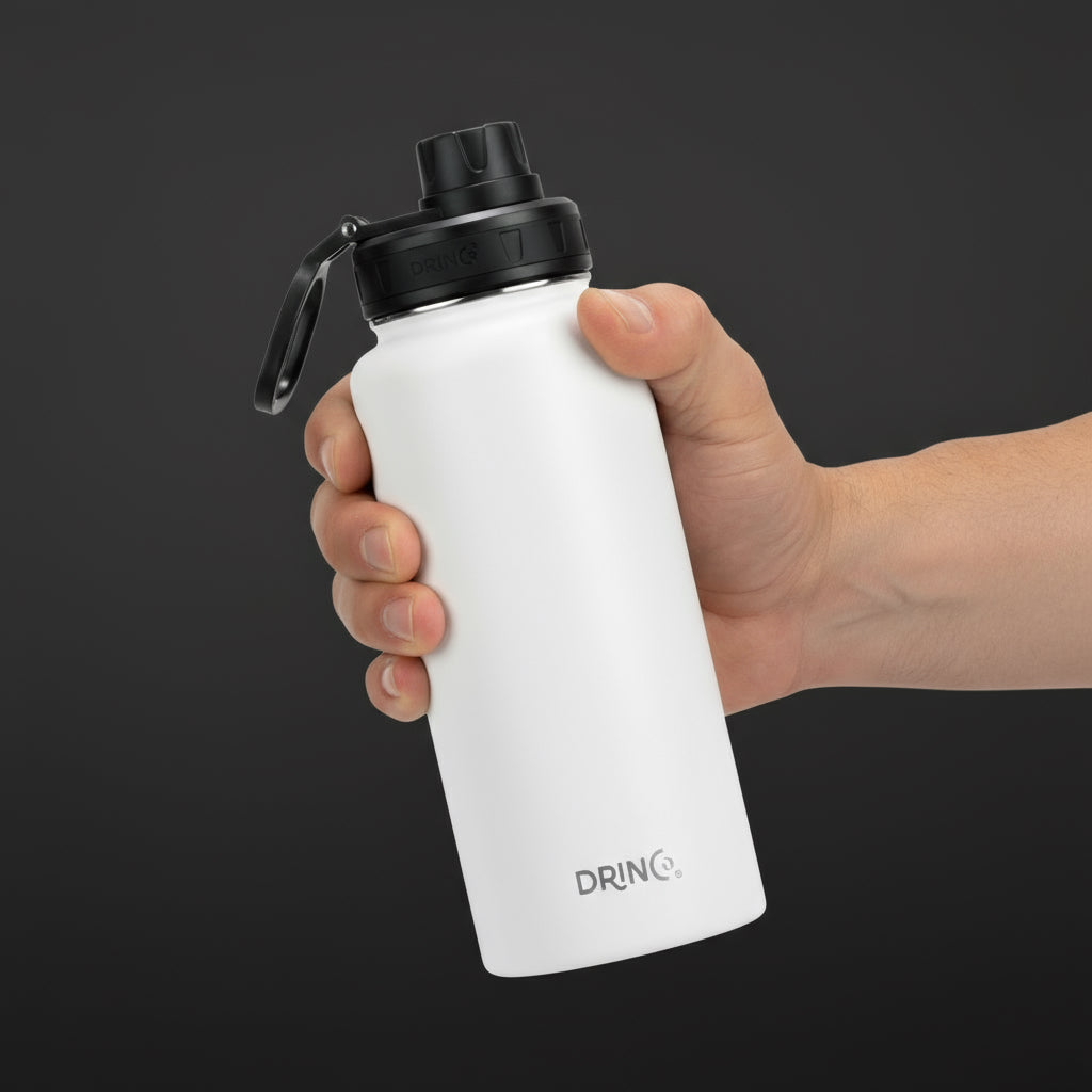 White insulated stainless steel water bottle with leak-proof straw lid and carry handle