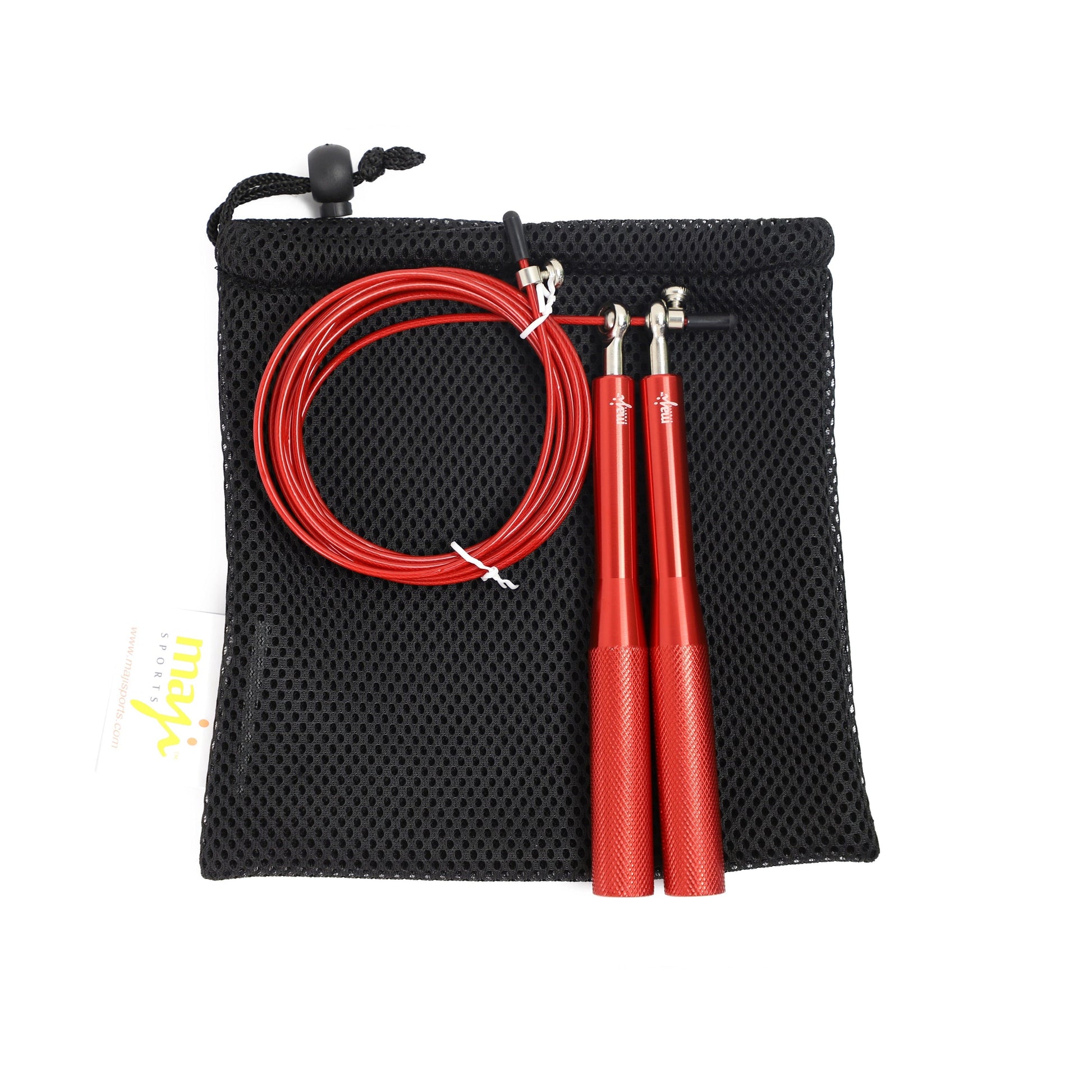Portable jump rope set – includes red cable and mesh carry bag for travel and storage