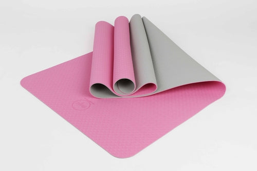 Pink and grey eco-friendly yoga mat – dual-layered TPE material with non-slip texture for gentle home workouts