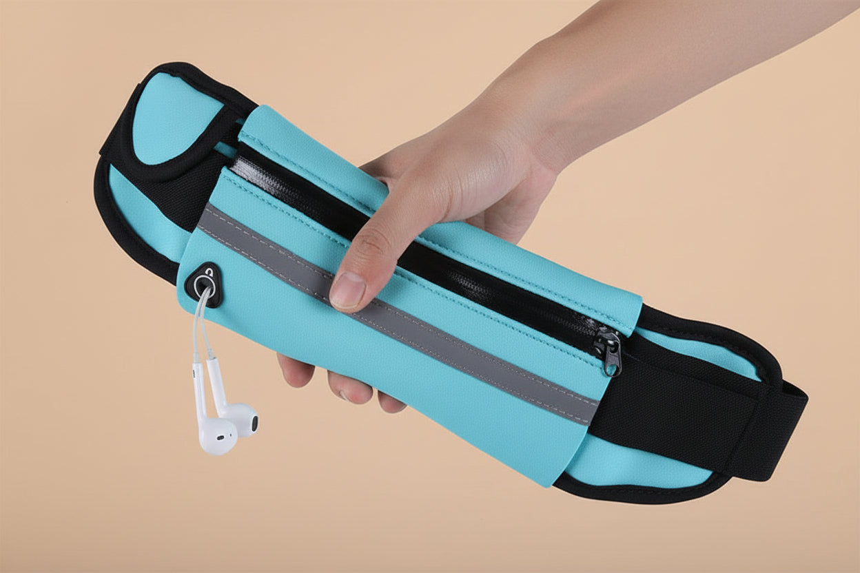 Close up of running waist pack pockets and zippers for secure storage