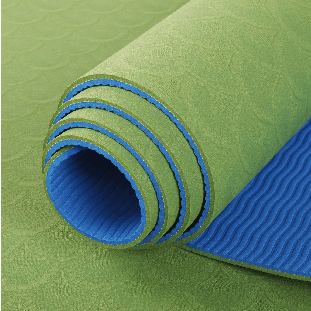 Close-up of green eco yoga mat – dual-layered with soft texture and anti-slip base