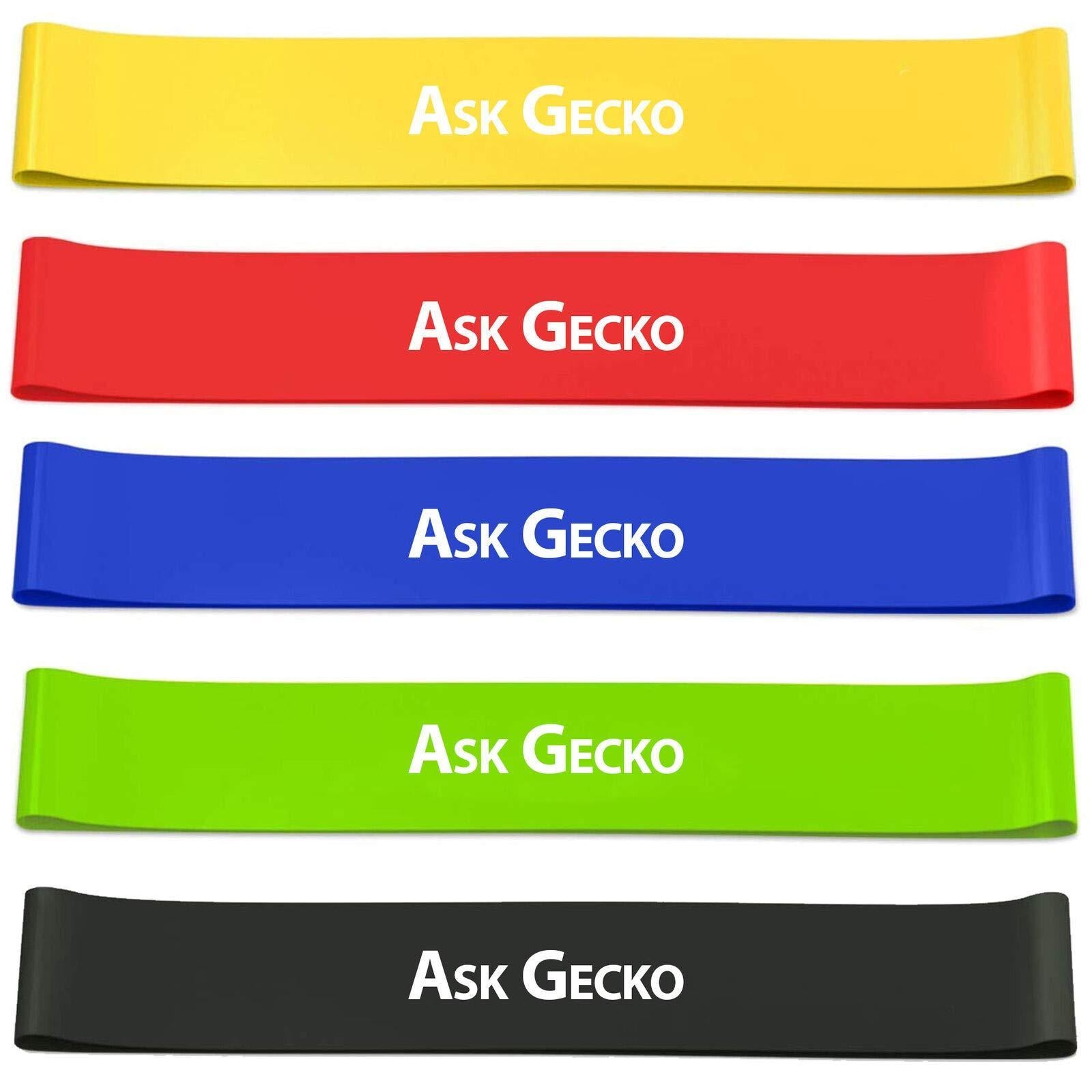 Set of 5 resistance loop bands in yellow, red, blue, green, and black with Ask Gecko branding