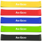 Set of 5 resistance loop bands in yellow, red, blue, green, and black with Ask Gecko branding