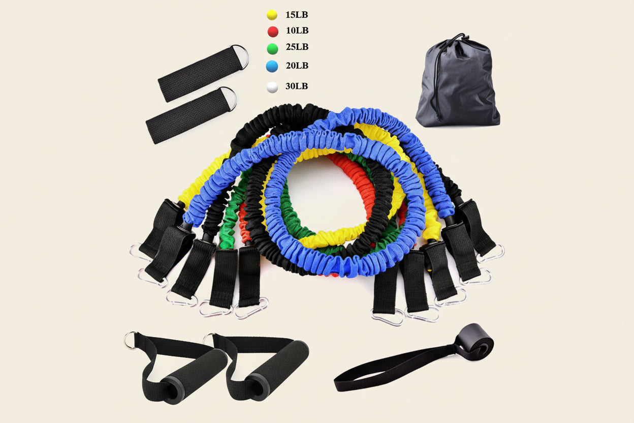 Close up of premium resistance bands showing different color strength leve