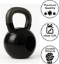 Icons showing kettlebell features – premium coating, leak-proof, soft base