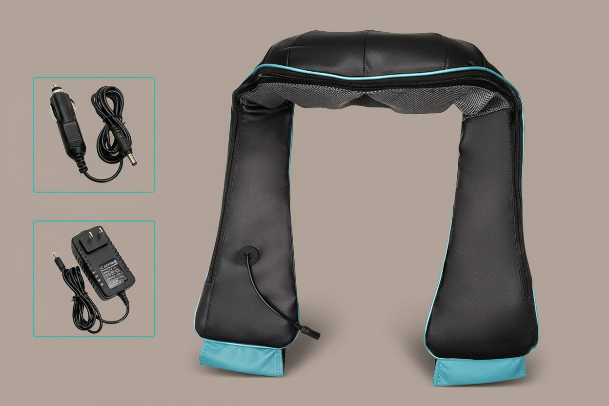 Shiatsu neck and back massager with infrared heat in use for muscle relaxation