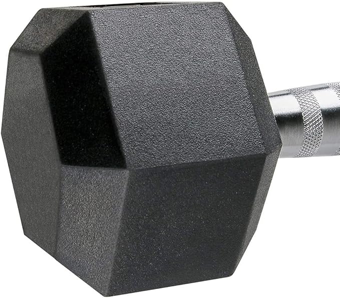 Side view of rubber-coated dumbbell – hexagonal shape prevents rolling