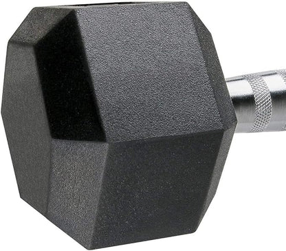 Side view of rubber-coated dumbbell – hexagonal shape prevents rolling