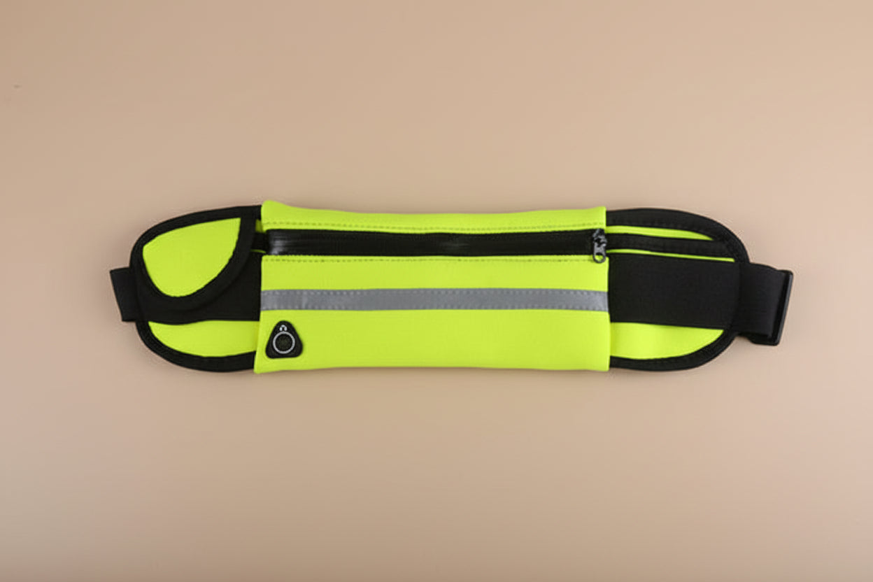 yellow running waist pack for travel and jogging with multiple zipper pockets