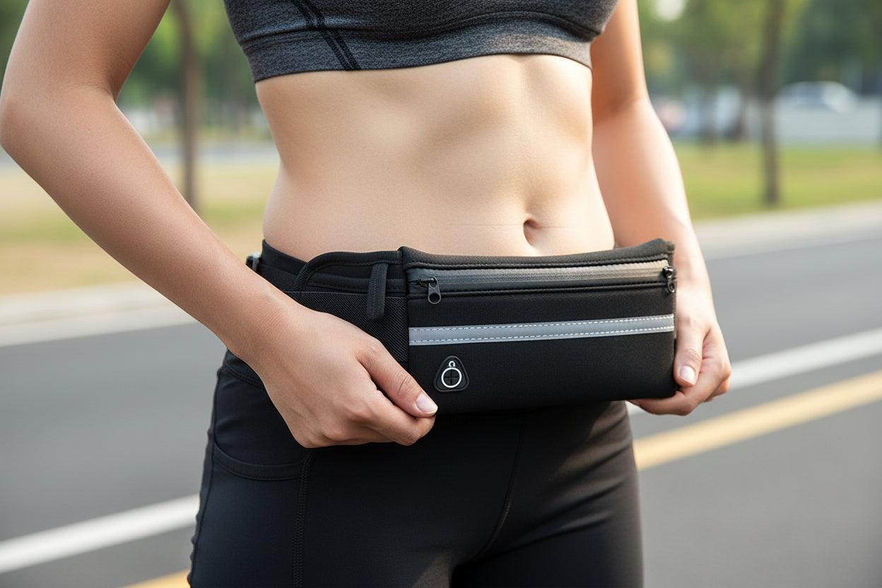 Black running waist pack for travel and jogging with multiple zipper pockets