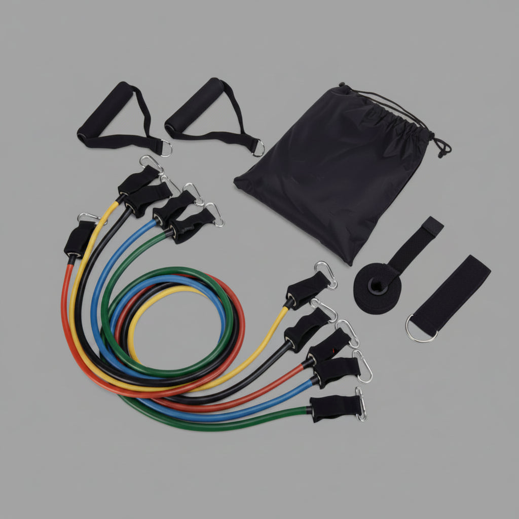 Resistance band set with handles, ankle straps, door anchor and carrying bag for full body home workout