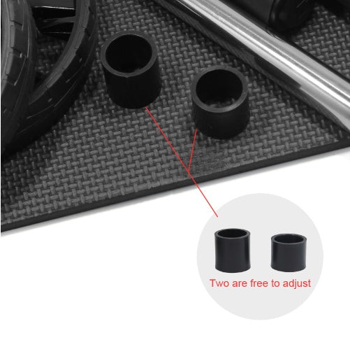 Close-up view of ab roller accessories including foam handles, wheel caps, and metal rod.