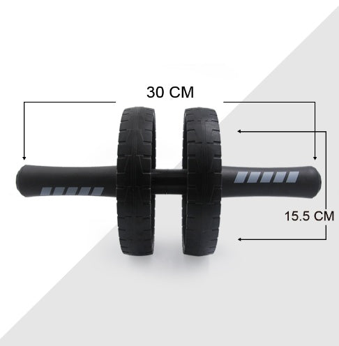 Ab roller with measurement guide, showing 30 cm width and wheel thickness for stable performance.
