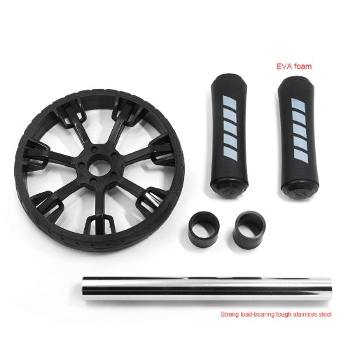 Ab roller shown disassembled with all parts included: dual wheels, handles, metal rod, and accessories.