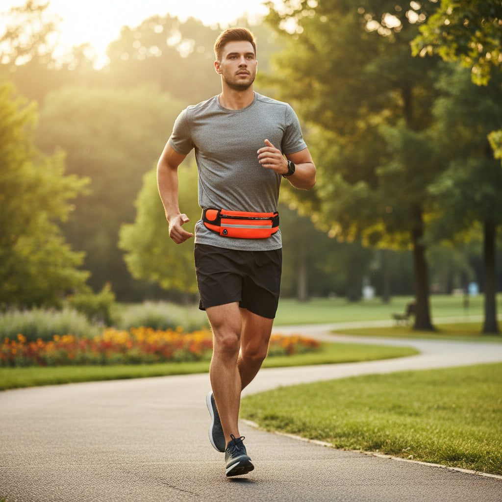 Running waist pack used as travel belt for secure storage on the go