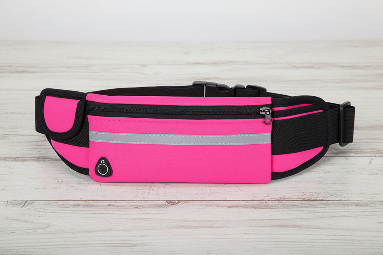 Travel waist pack with keys, phone, and essentials inside secure zipper pockets