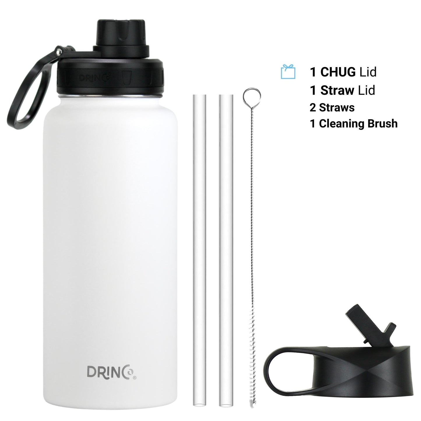 Water bottle with straw lid and two reusable straws – BPA-free and easy to clean