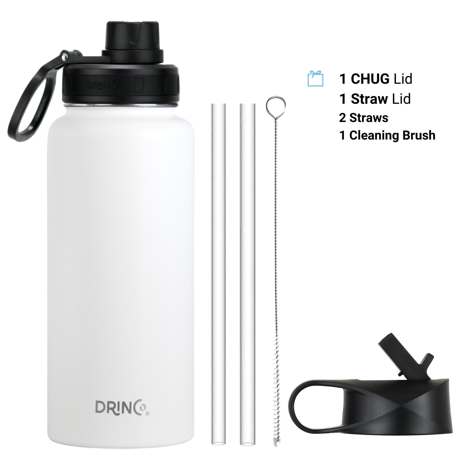 Water bottle with straw lid and two reusable straws – BPA-free and easy to clean