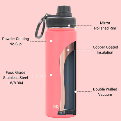 Drinco 22oz stainless steel water bottle showing screw top and wide mouth