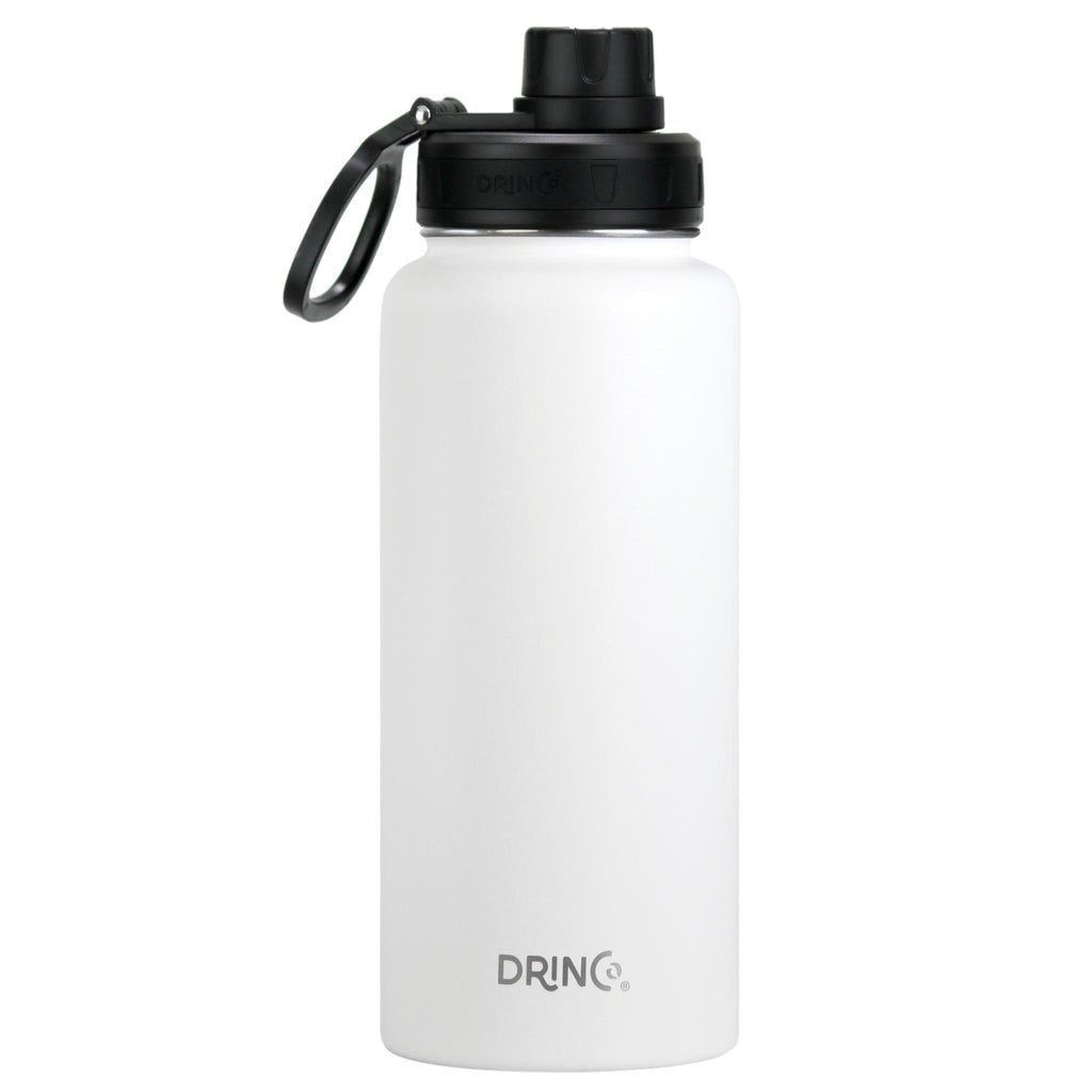 White insulated stainless steel water bottle with leak-proof straw lid and carry handle