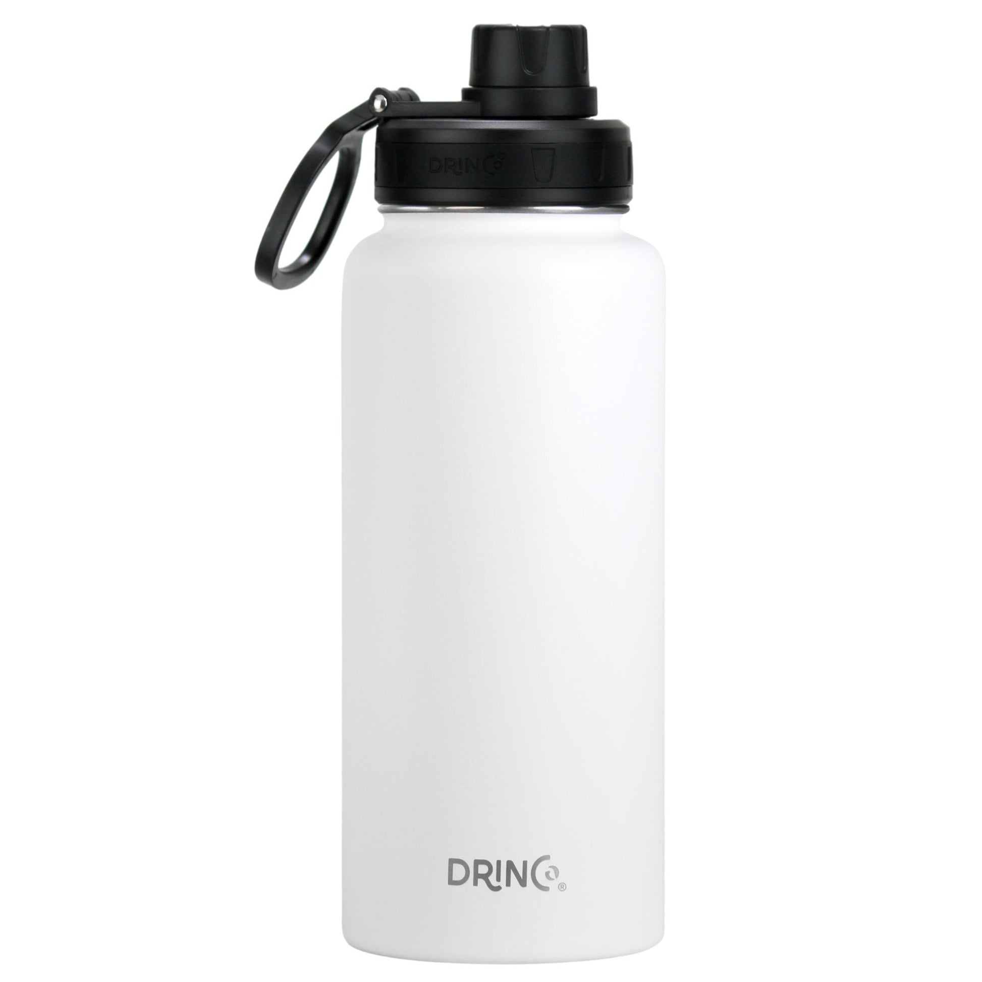 White insulated stainless steel water bottle with leak-proof straw lid and carry handle