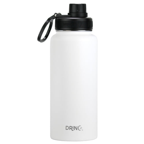 White insulated stainless steel water bottle with leak-proof straw lid and carry handle