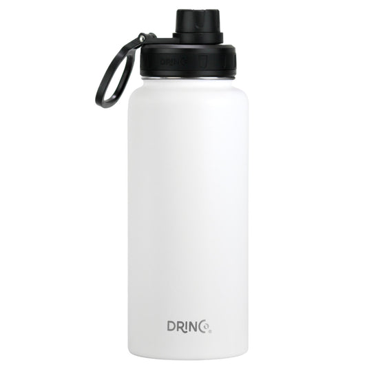 White insulated stainless steel water bottle with leak-proof straw lid and carry handle