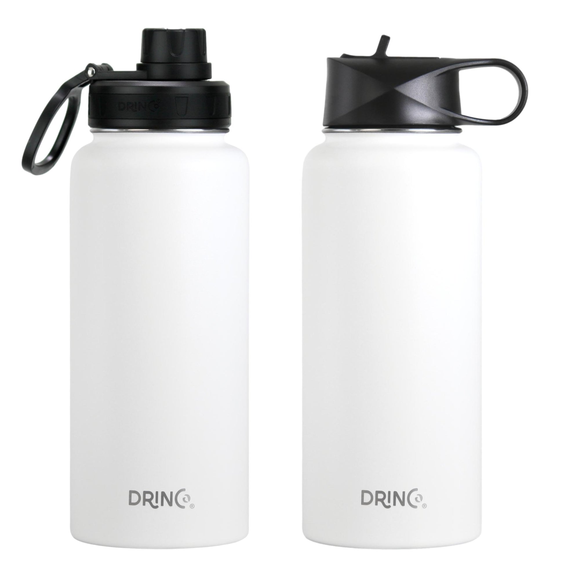 Front and side view of white thermal sports bottle – wide mouth design

