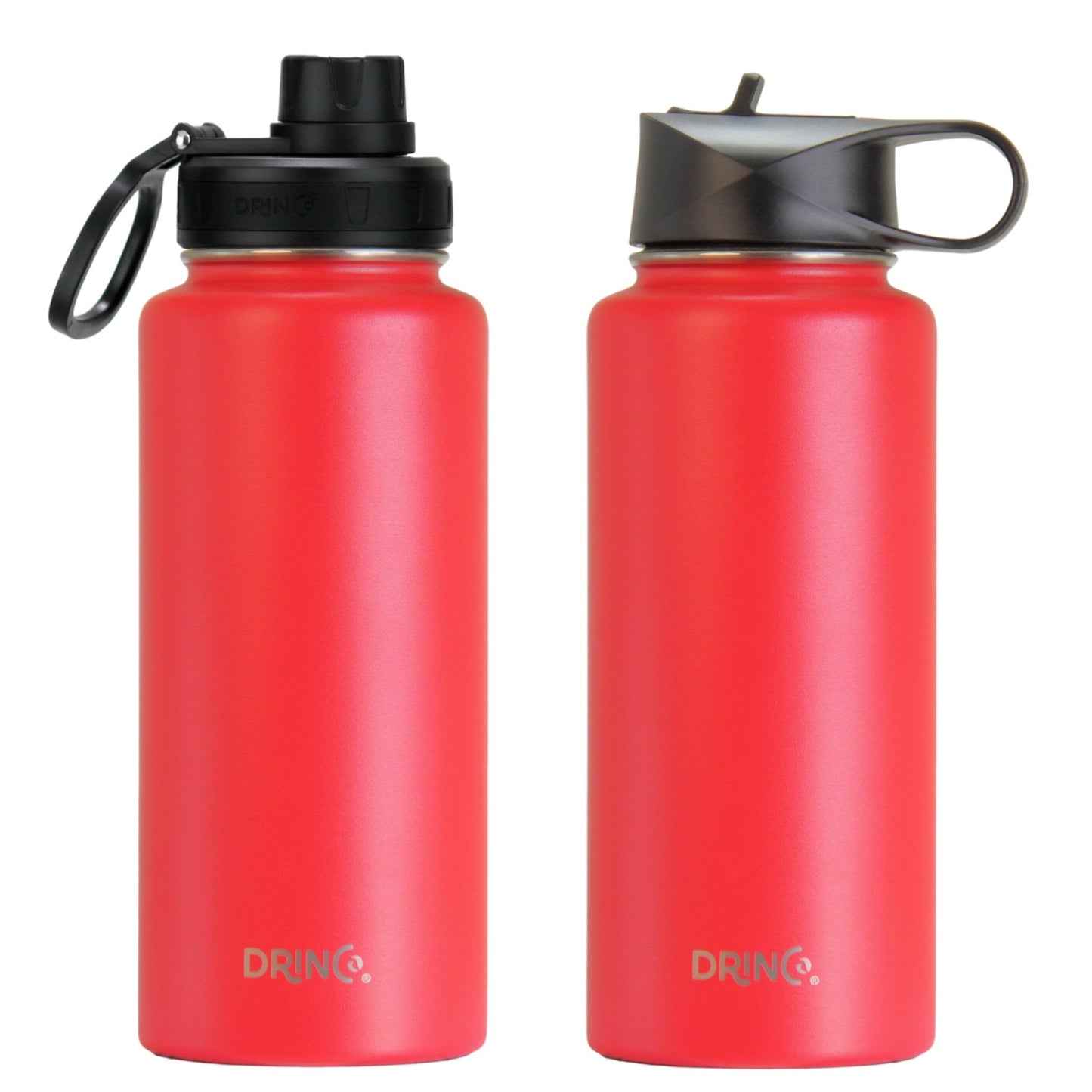 Side and front views of red thermal bottle – wide mouth and soft handle for easy carrying
