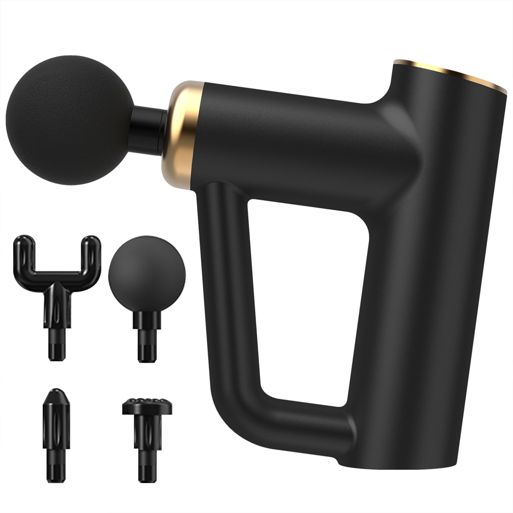 Massage gun with four interchangeable attachment heads for targeted muscle relief.