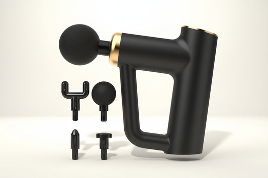 Massage gun with four interchangeable attachment heads for targeted muscle relief.