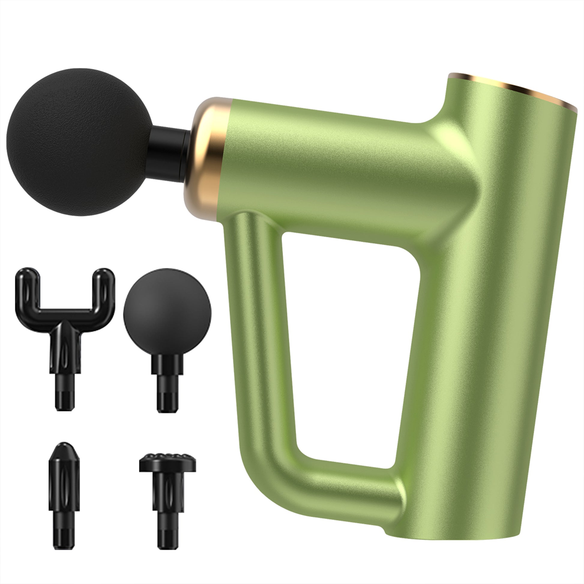Green deep tissue massage gun with four interchangeable attachment heads displayed.