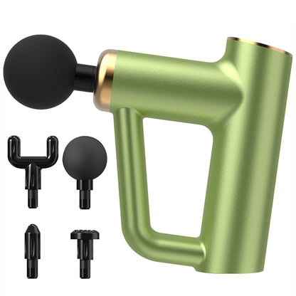 Green deep tissue massage gun with four interchangeable attachment heads displayed.