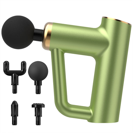 Green deep tissue massage gun with four interchangeable attachment heads displayed.