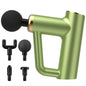 Green deep tissue massage gun with four interchangeable attachment heads displayed.